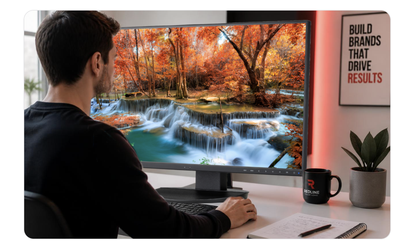 Marketer at a desk viewing a colorful waterfall wallpaper on a widescreen monitor