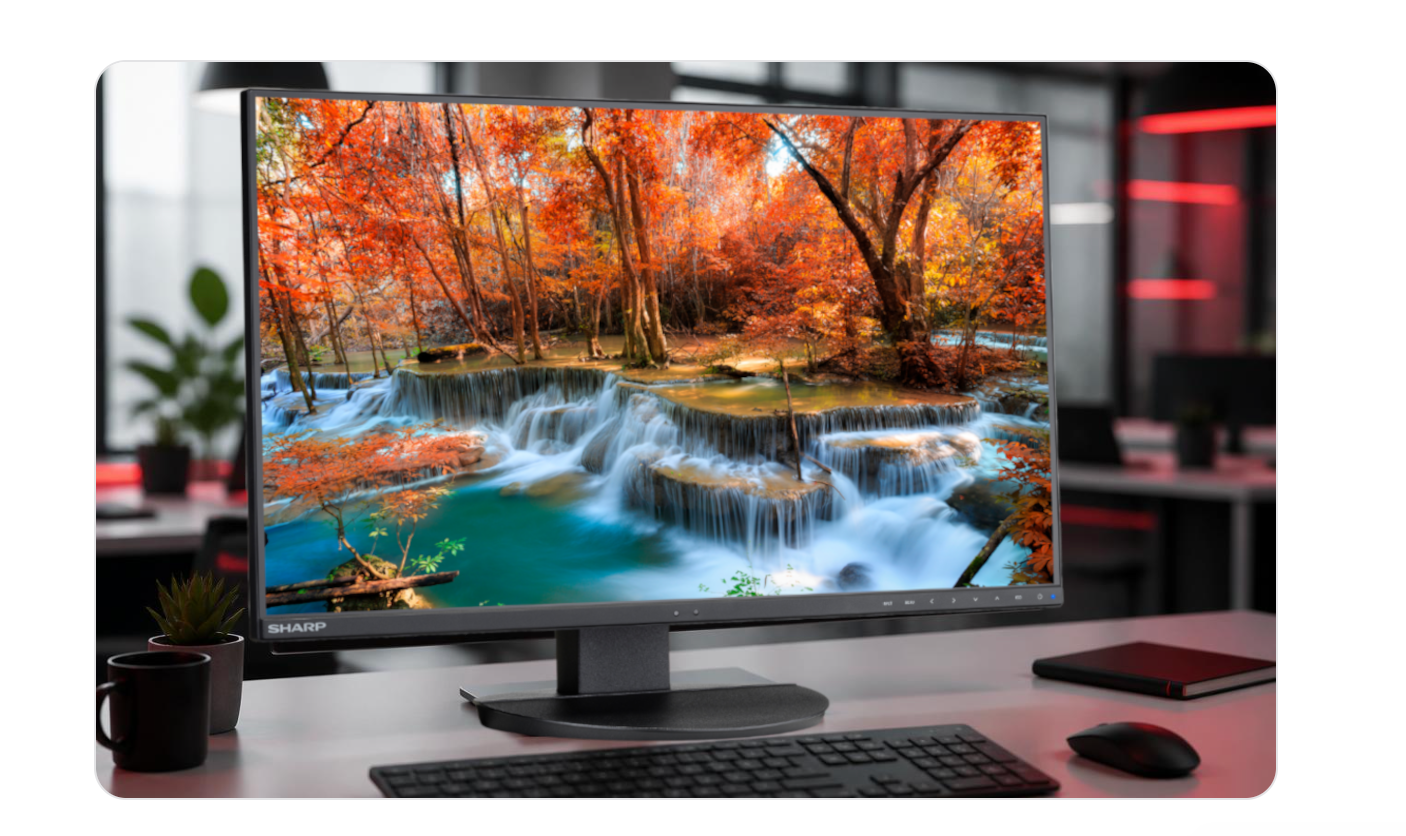 Sharp monitor on a modern office desk displaying a vivid autumn waterfall image
